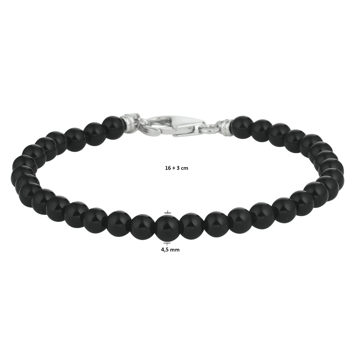 Kralenarmband onyx 4,5 mm 16 + 3 cm zilver gerhodineerd