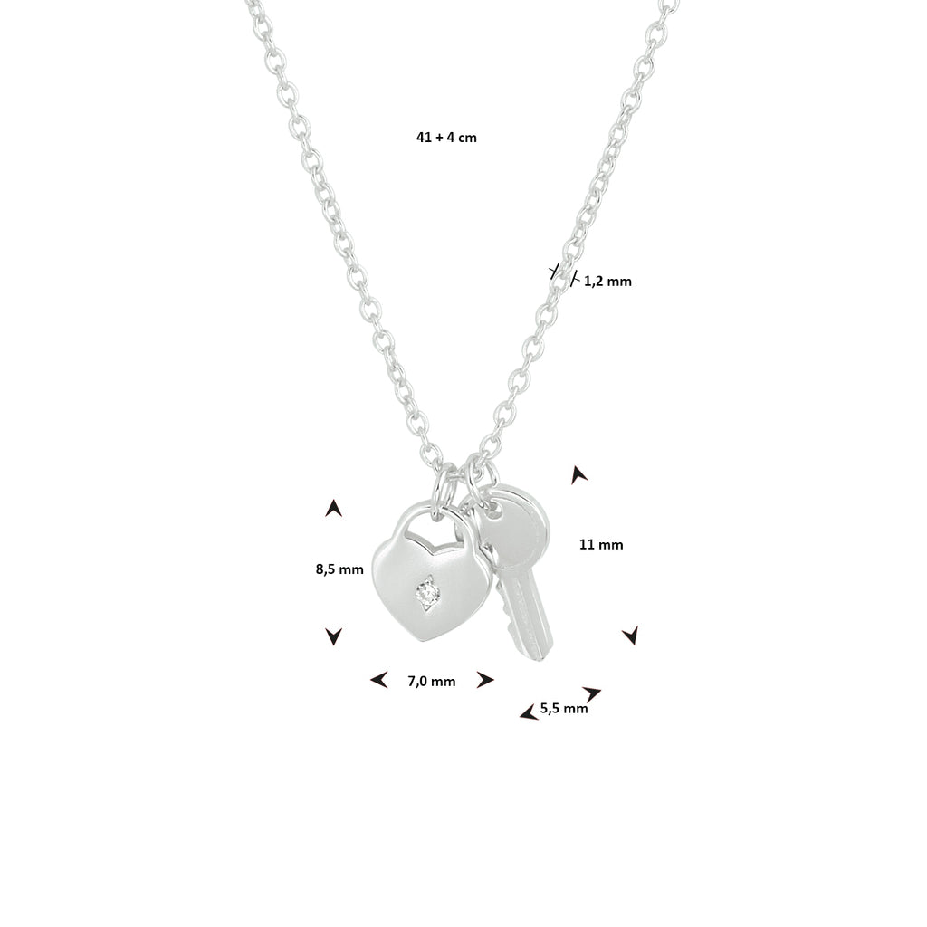 Collier hart en sleutel 41 + 4 cm zilver gerhodineerd