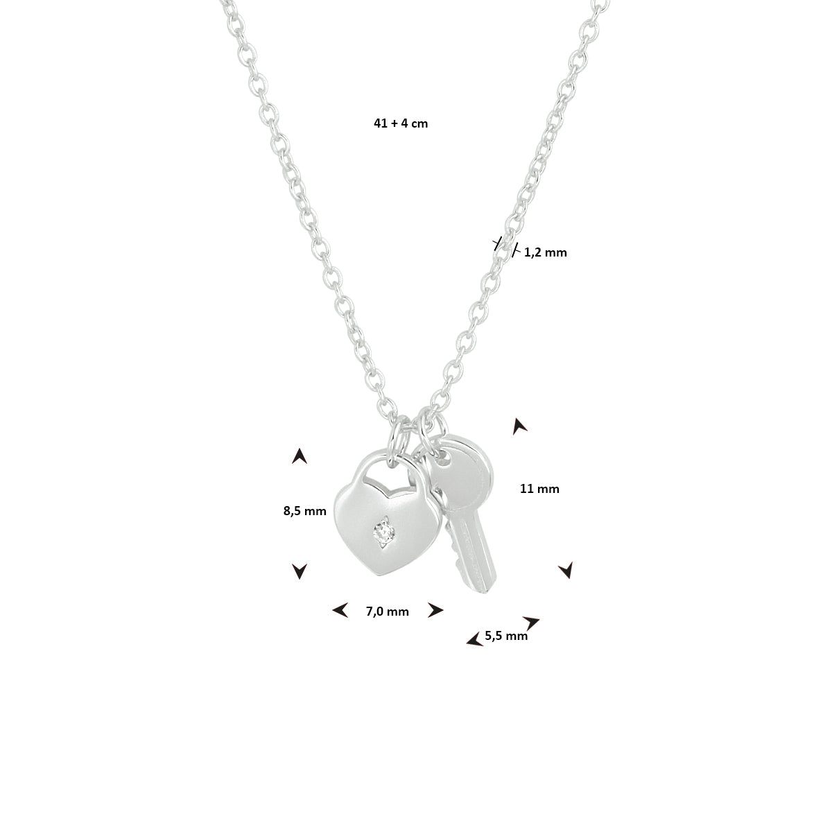Collier hart en sleutel 41 + 4 cm zilver gerhodineerd