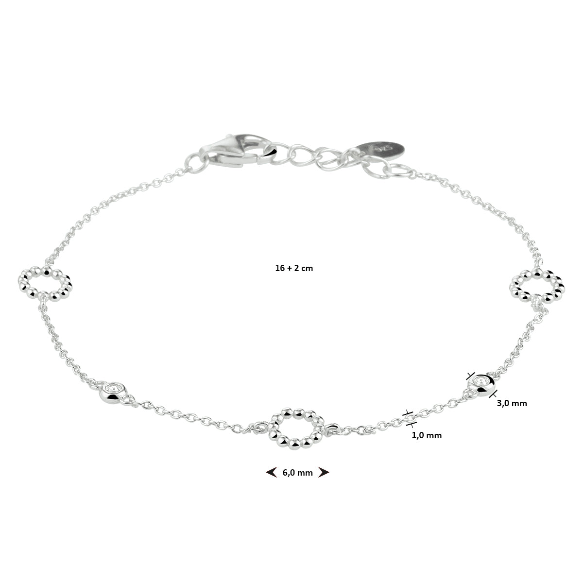 Armband zirkonia 16 + 2 cm zilver gerhodineerd