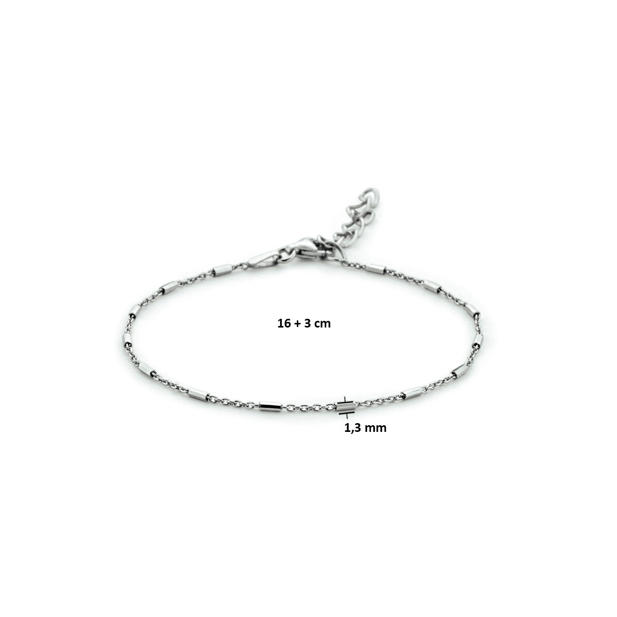Armband buisjes 1,3 mm 16 + 3 cm zilver gerhodineerd