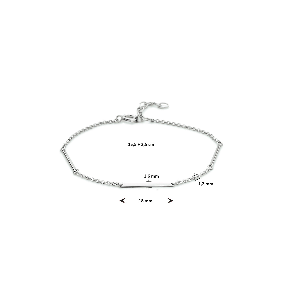 Armband balkjes 1,6 mm 15,5 + 2,5 mm zilver gerhodineerd