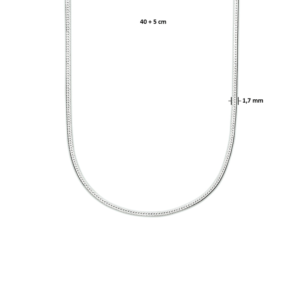 Collier slang plat 1,7 mm 40 + 5 cm zilver gerhodineerd