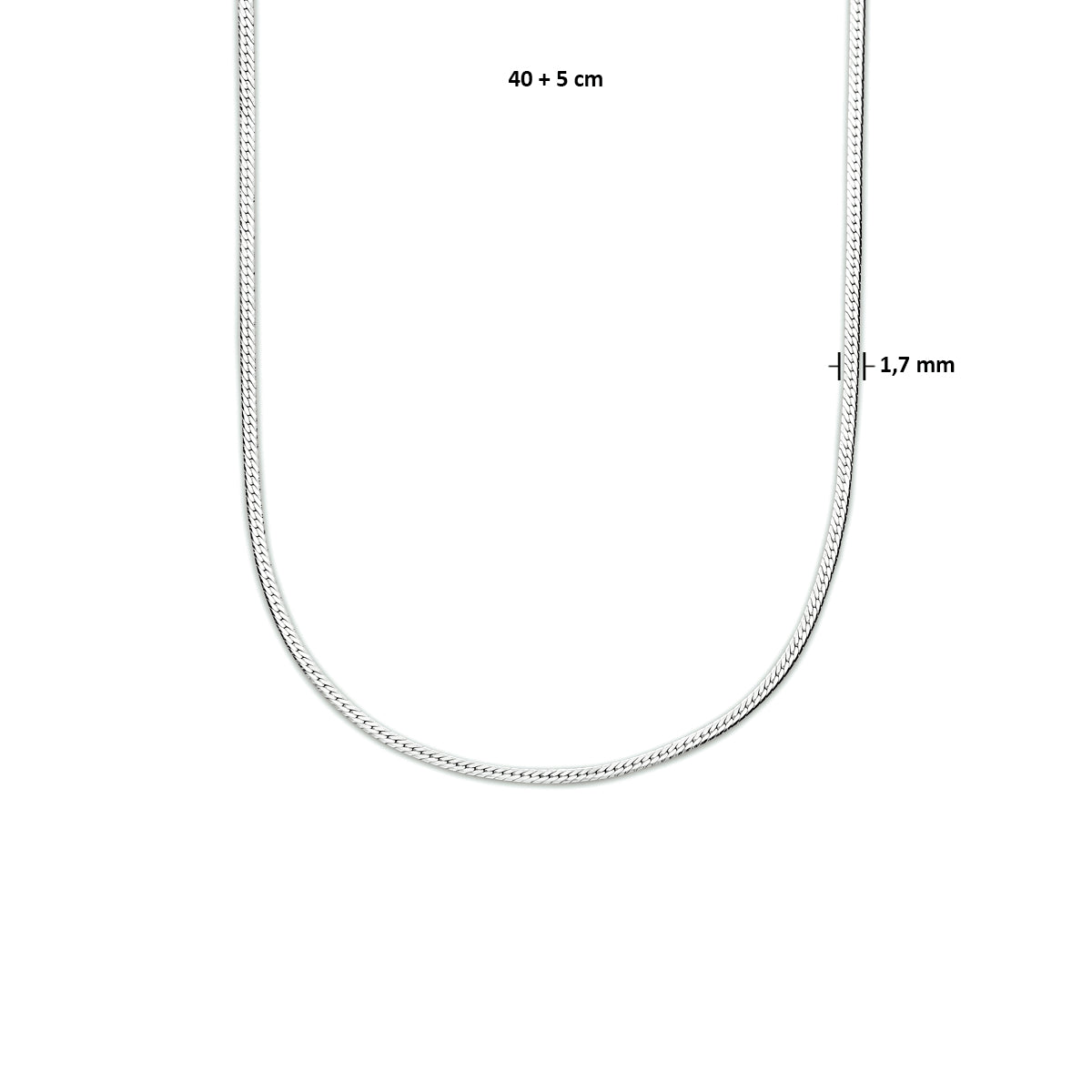 Collier slang plat 1,7 mm 40 + 5 cm zilver gerhodineerd