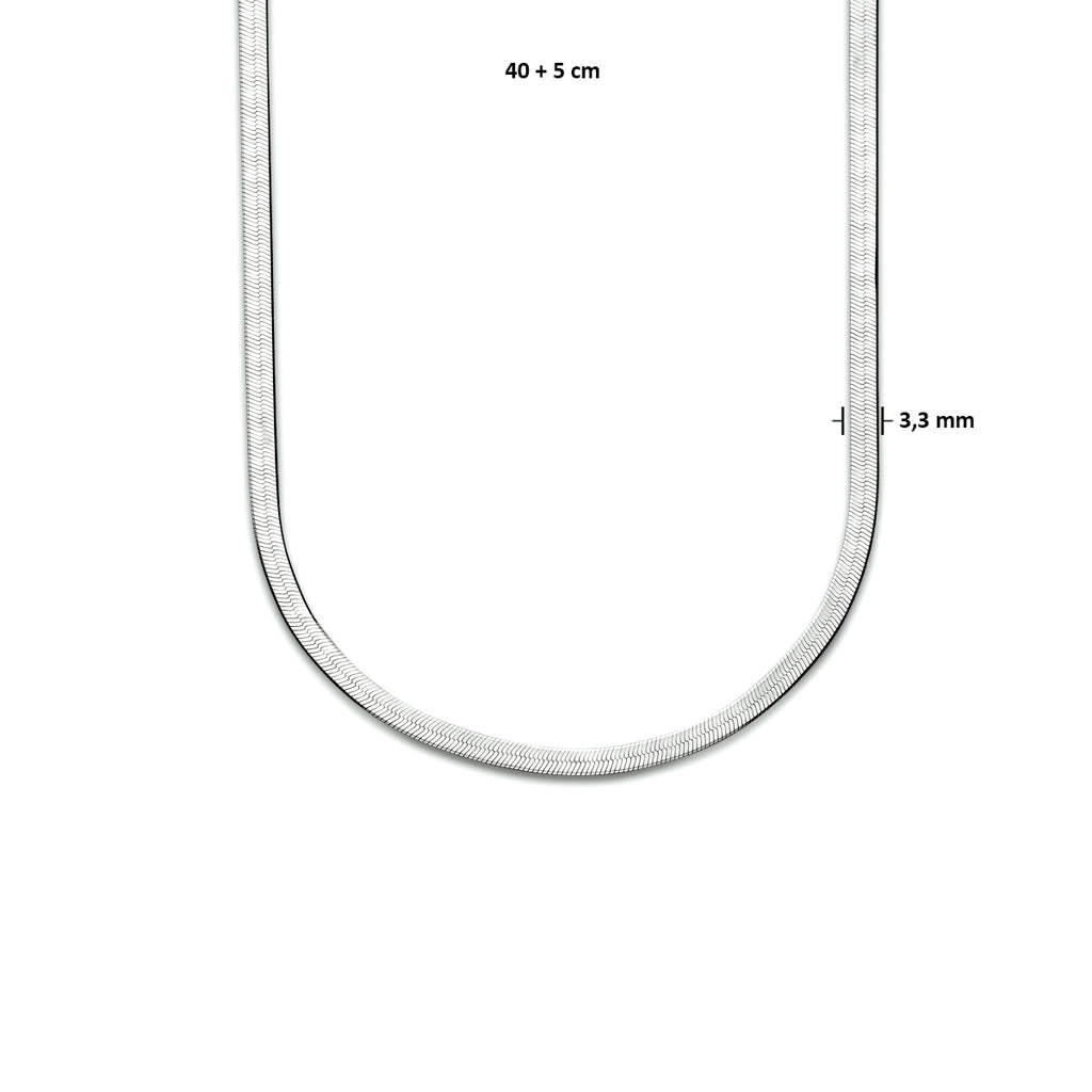 Collier slang plat 3,3 mm 40 + 5 cm zilver gerhodineerd
