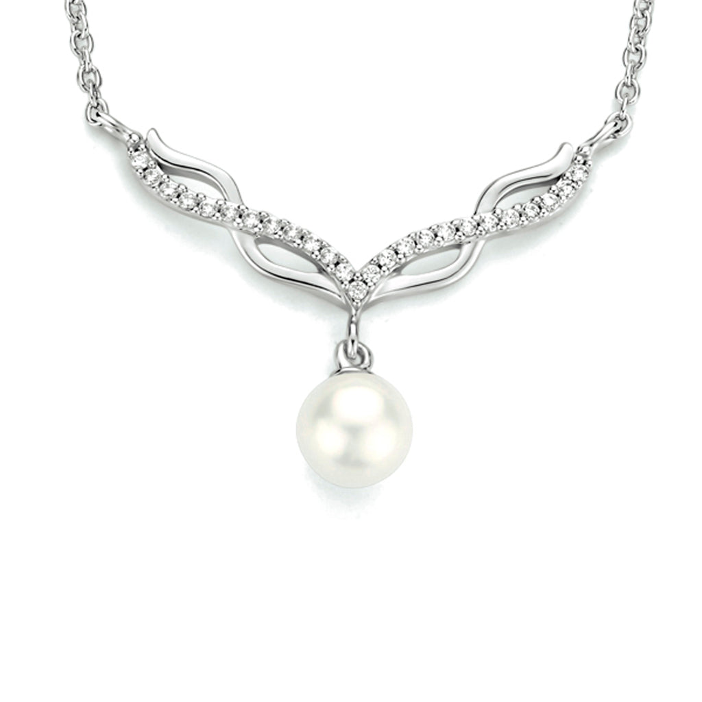 Collier parel en zirkonia 42 + 3 cm zilver gerhodineerd