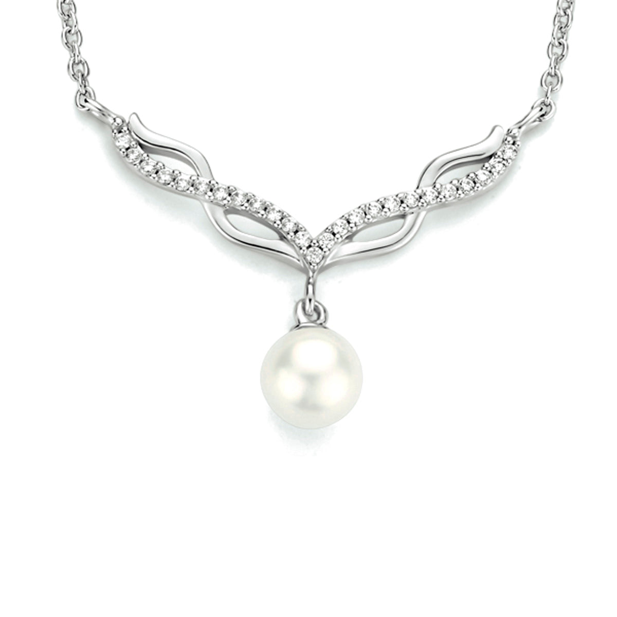 Collier parel en zirkonia 42 + 3 cm zilver gerhodineerd