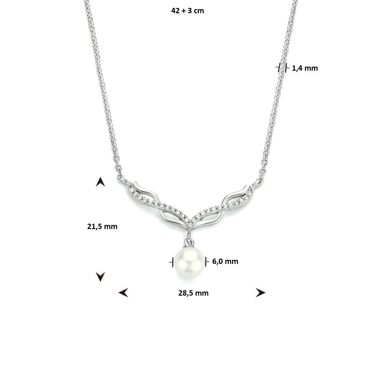 Collier parel en zirkonia 42 + 3 cm zilver gerhodineerd