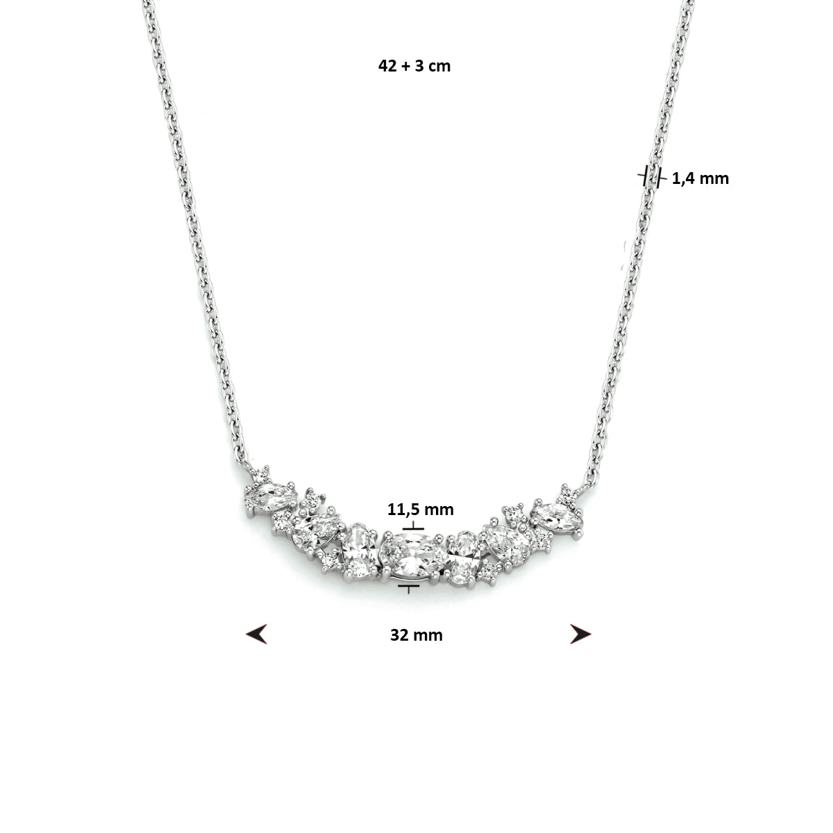 Collier zirkonia 42 + 3 cm zilver gerhodineerd