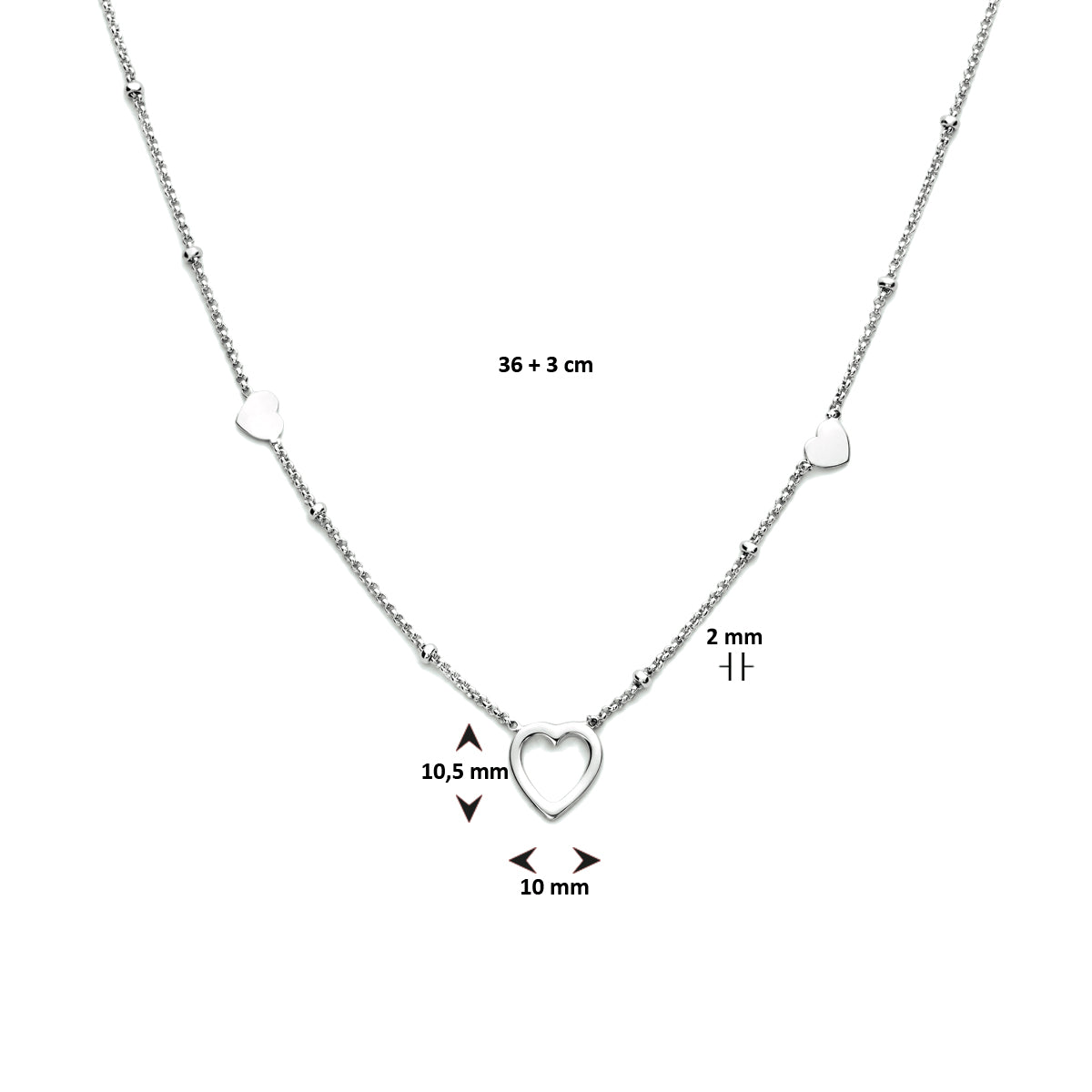 Collier hartjes 36 + 3 cm zilver gerhodineerd