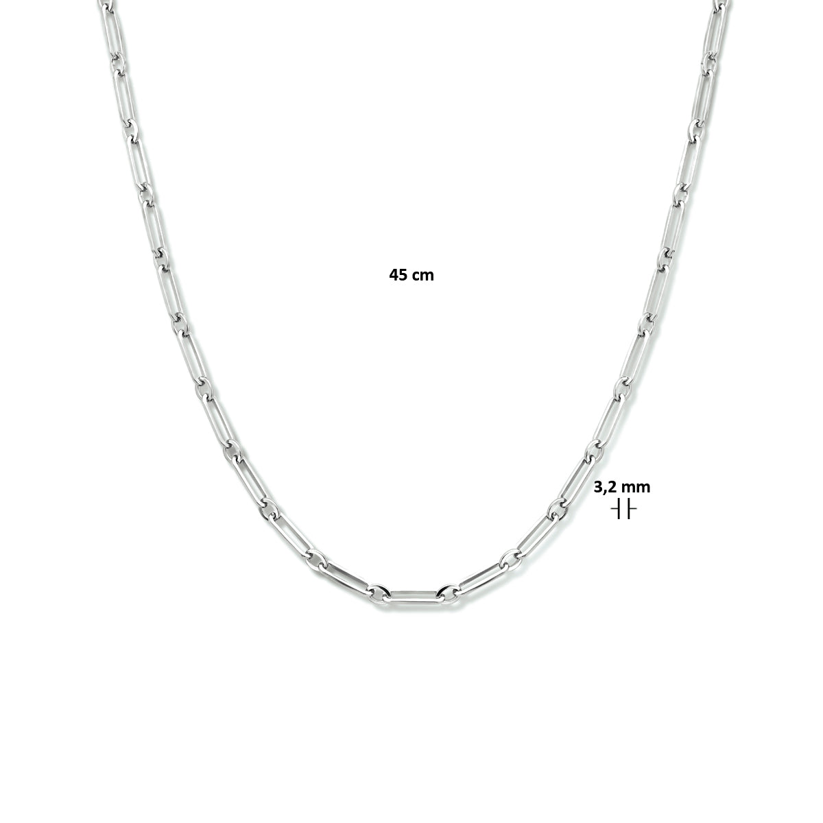 Collier paperclip vierkante buis 3,2 mm 45 cm zilver gerhodineerd