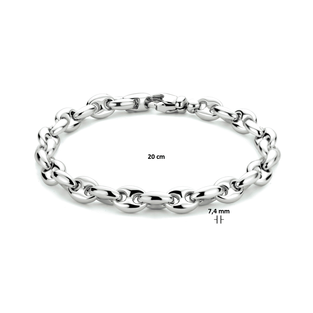 Armband koffieboon 7,4 mm 20 cm zilver gerhodineerd