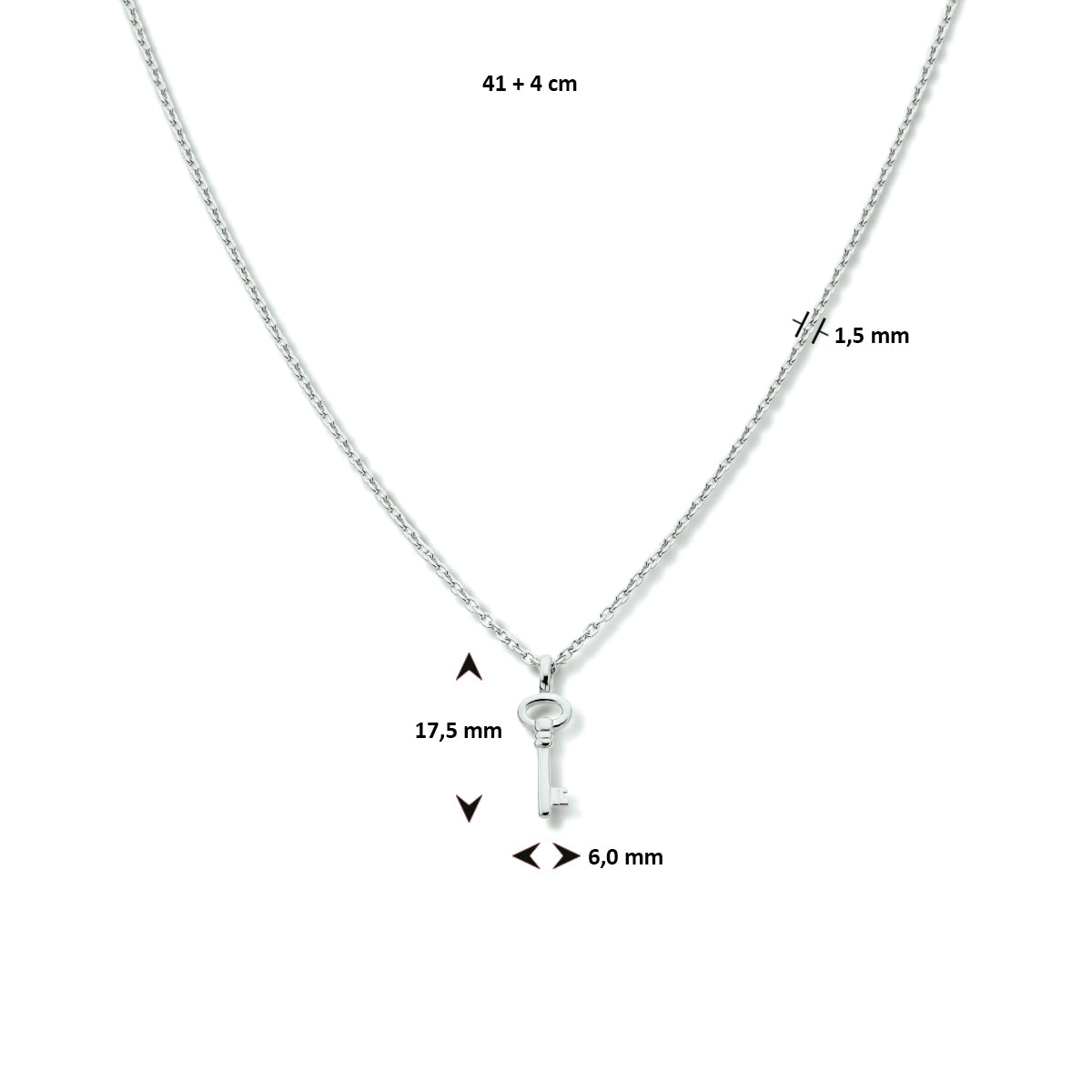 Collier sleutel 41 + 4 cm zilver gerhodineerd