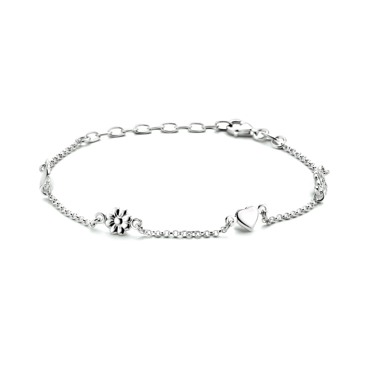 Enkelbandje bloemen en hartjes 18 + 4 cm zilver gerhodineerd
