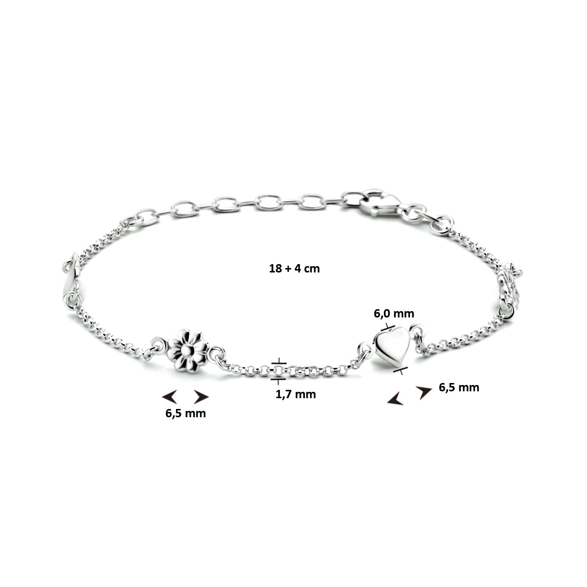 Enkelbandje bloemen en hartjes 18 + 4 cm zilver gerhodineerd