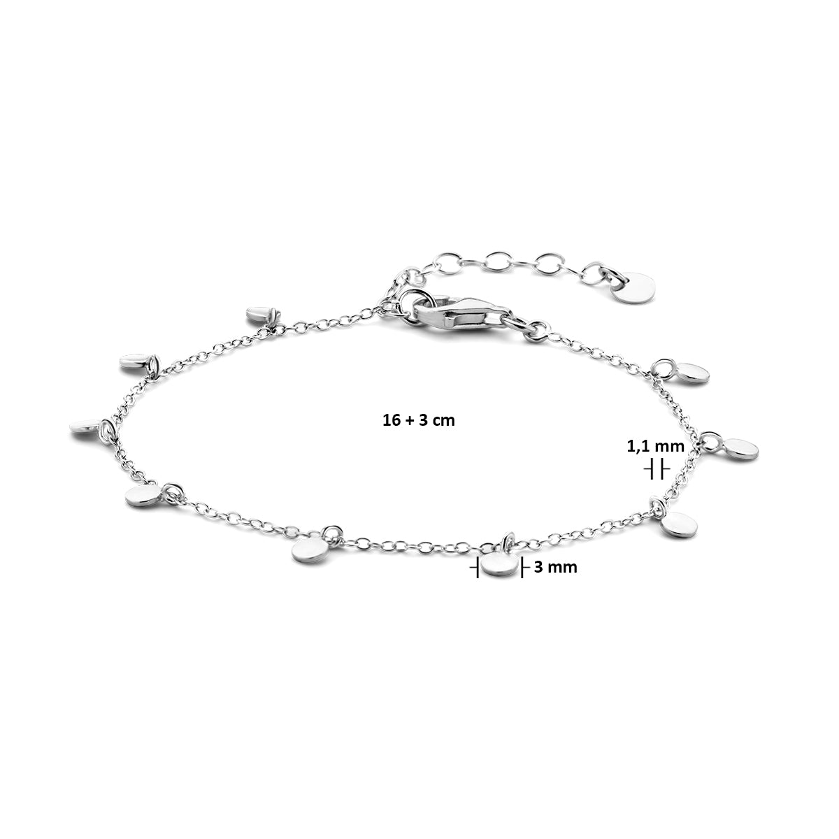 Armband rondjes 16 + 3 cm zilver gerhodineerd
