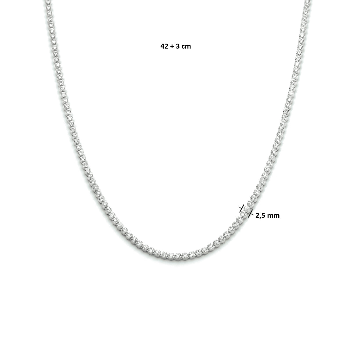 Collier zirkonia 2,5 mm 42 + 3 cm zilver gerhodineerd