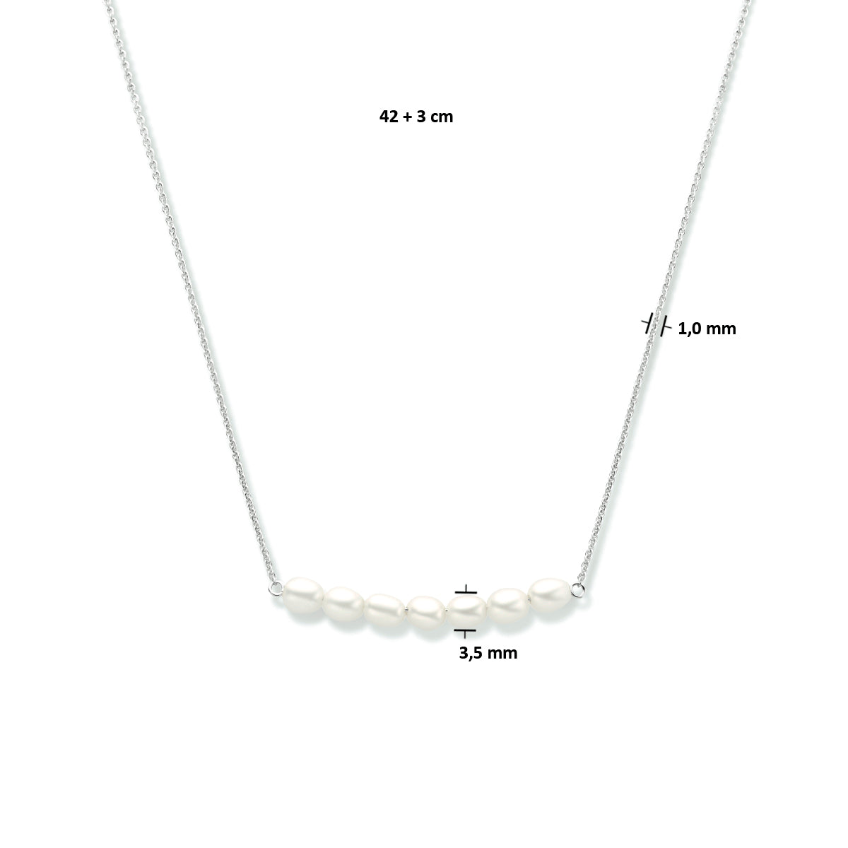 Collier parel 42 + 3 cm zilver gerhodineerd