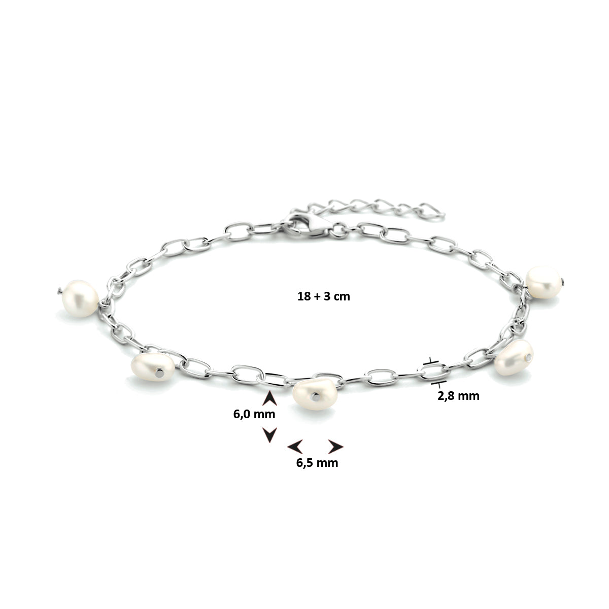 Armband parel 18 + 3 cm zilver gerhodineerd