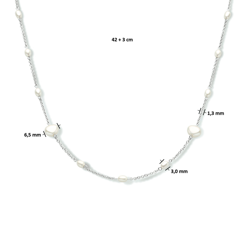 Collier parel 42 + 3 cm zilver gerhodineerd