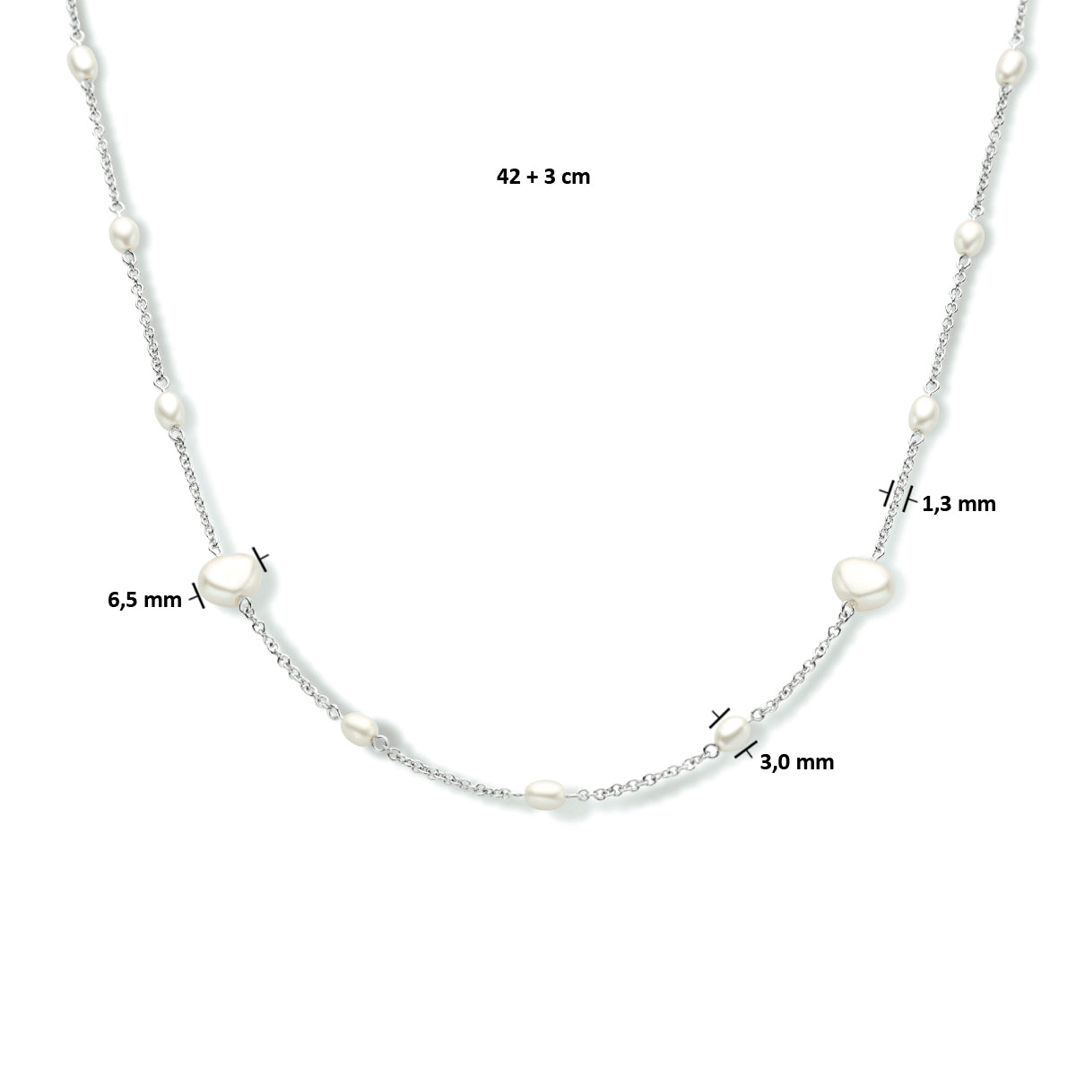 Collier parel 42 + 3 cm zilver gerhodineerd