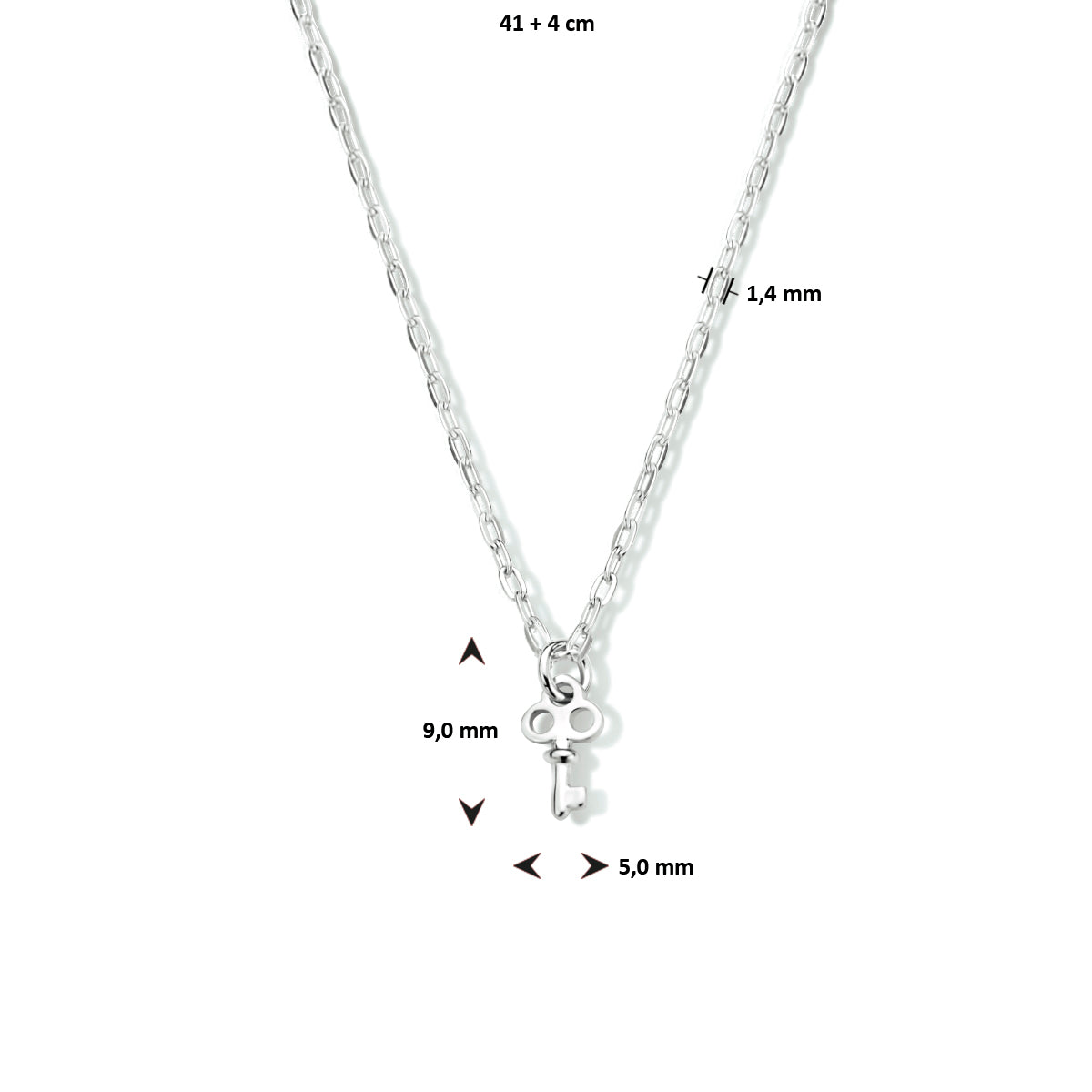 Collier sleutel 41 + 4 cm zilver gerhodineerd
