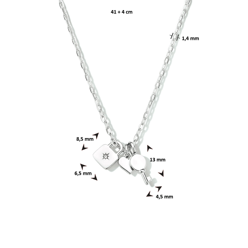 Collier slot, hart en sleutel 41 + 4 cm zilver gerhodineerd