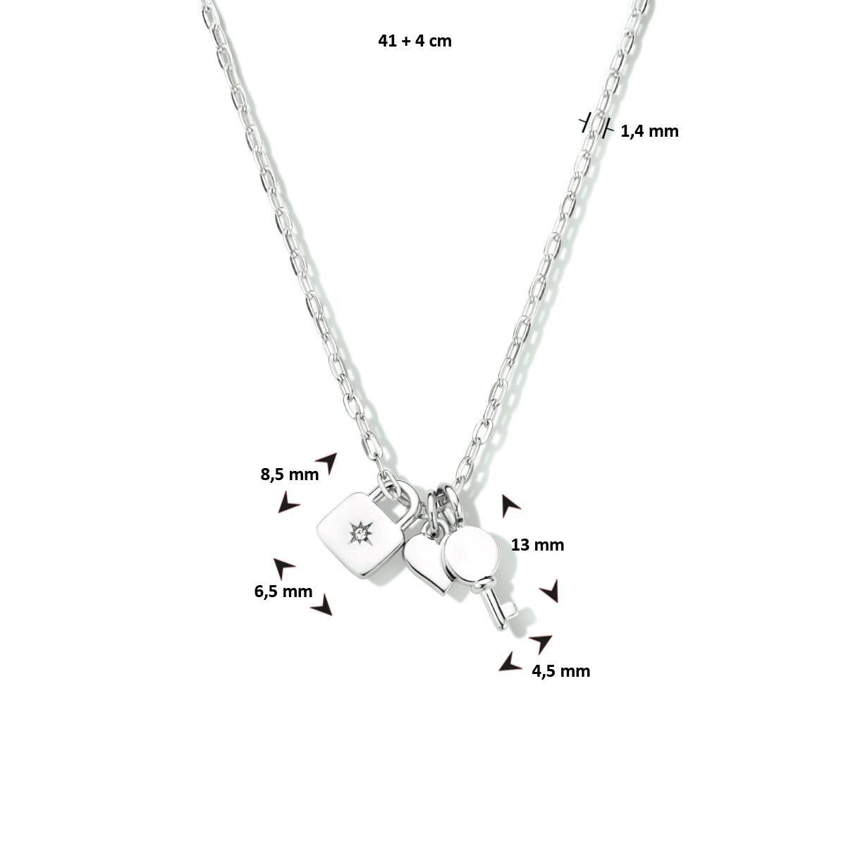 Collier slot, hart en sleutel 41 + 4 cm zilver gerhodineerd
