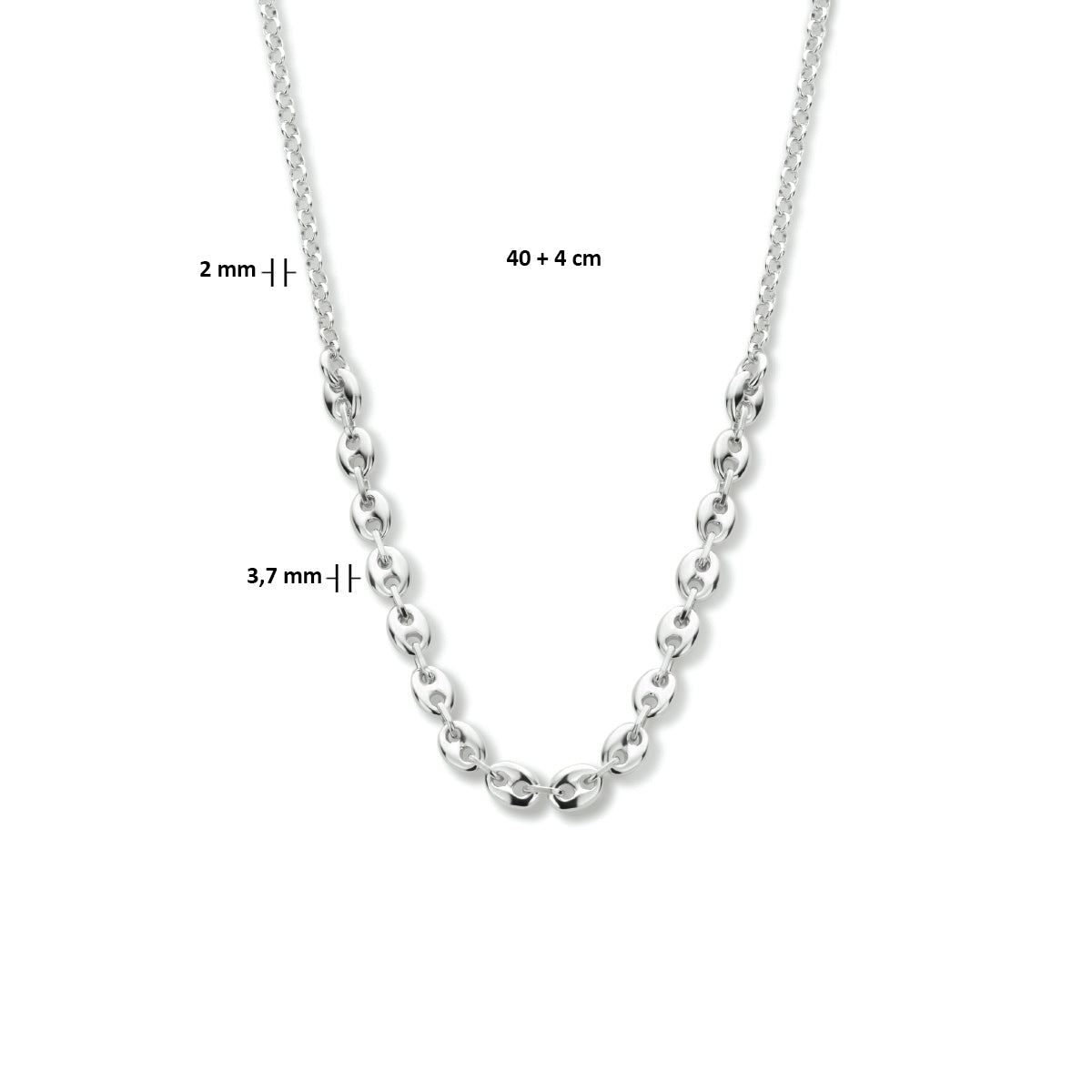 Collier 3,7 mm 40 + 4 cm zilver gerhodineerd