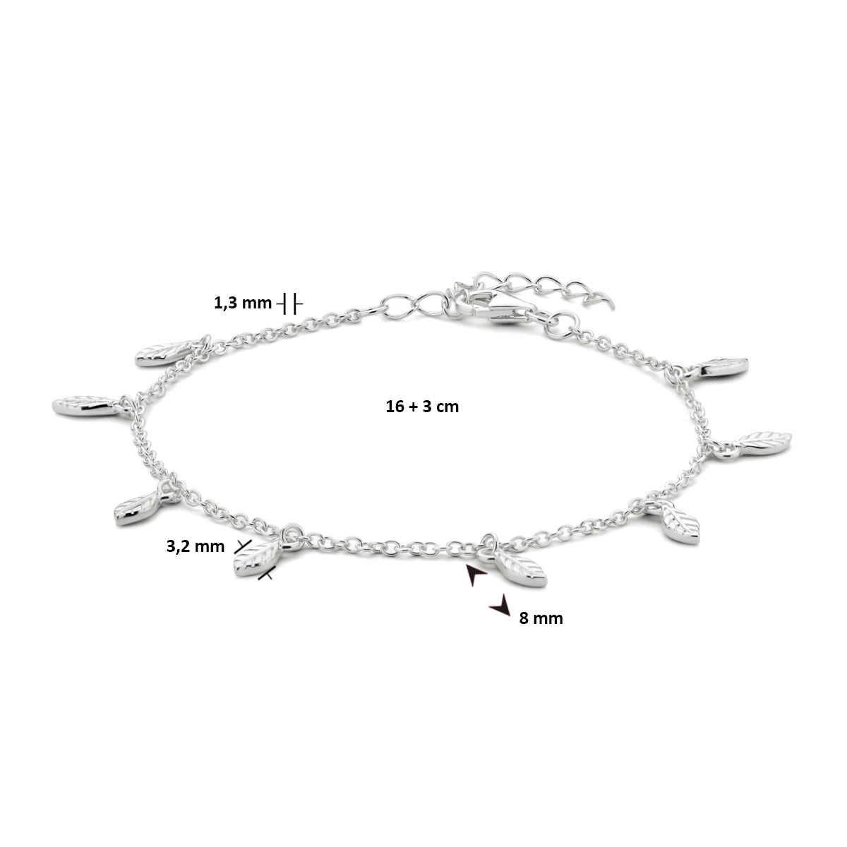 Armband veren 16 + 3 cm zilver gerhodineerd