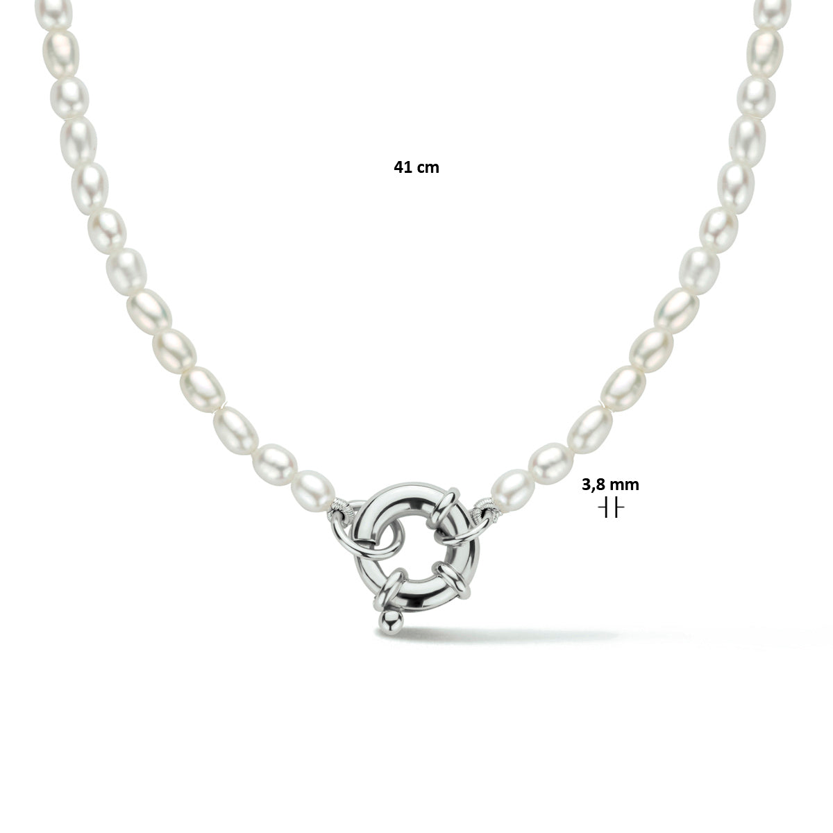 Collier parel 3,8 mm 41 cm met groot springslot zilver gerhodineerd