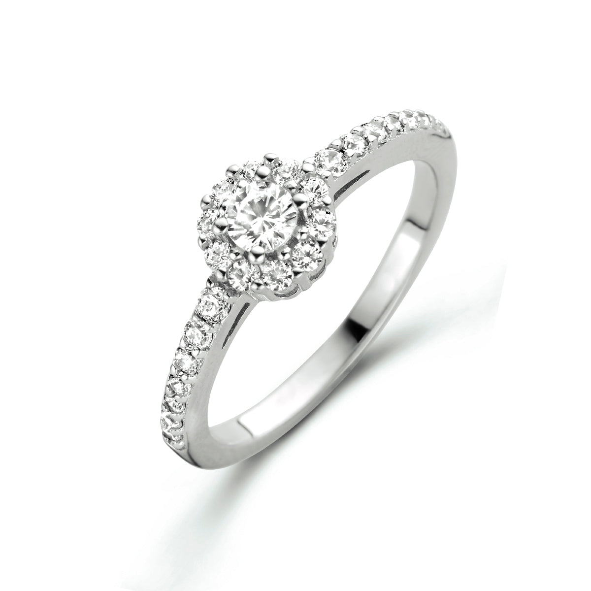 Ring zirkonia halo zilver gerhodineerd
