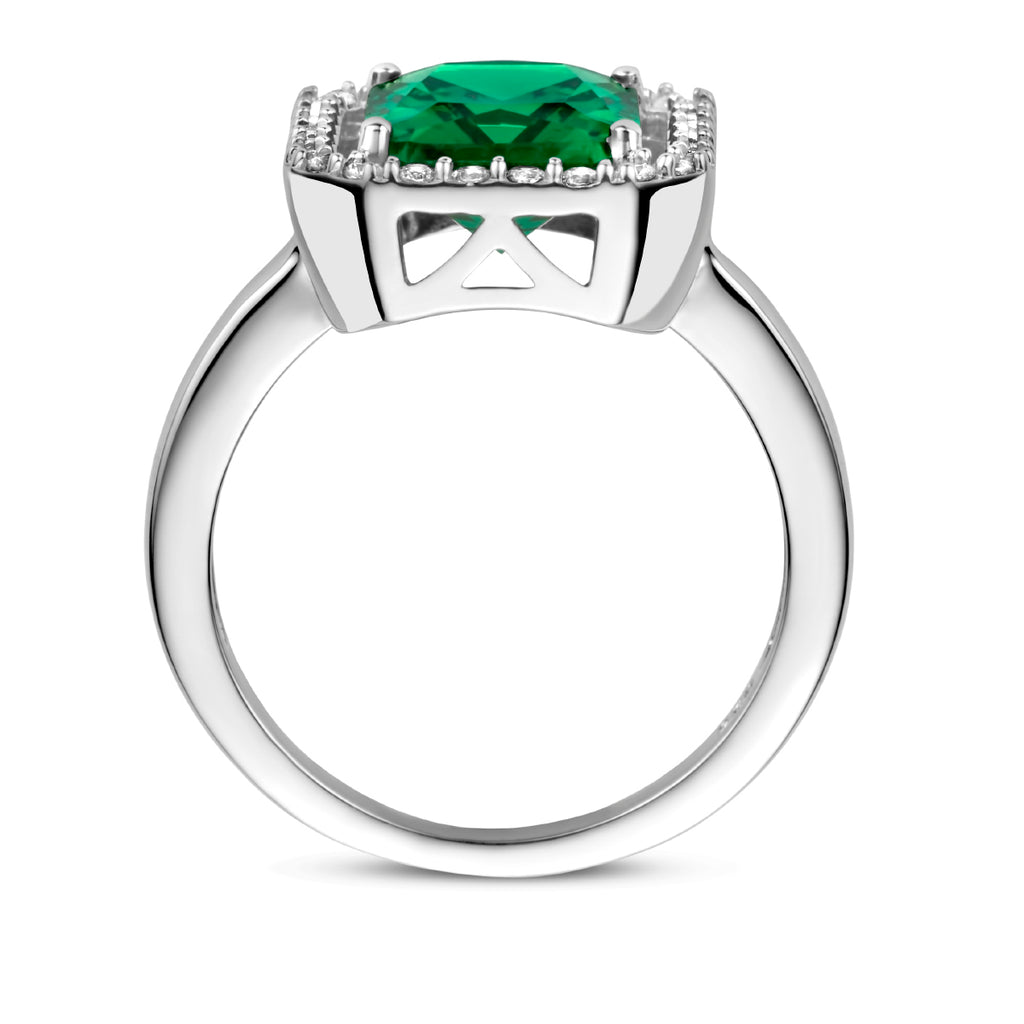 Ring synth. smaragd en zirkonia halo zilver gerhodineerd