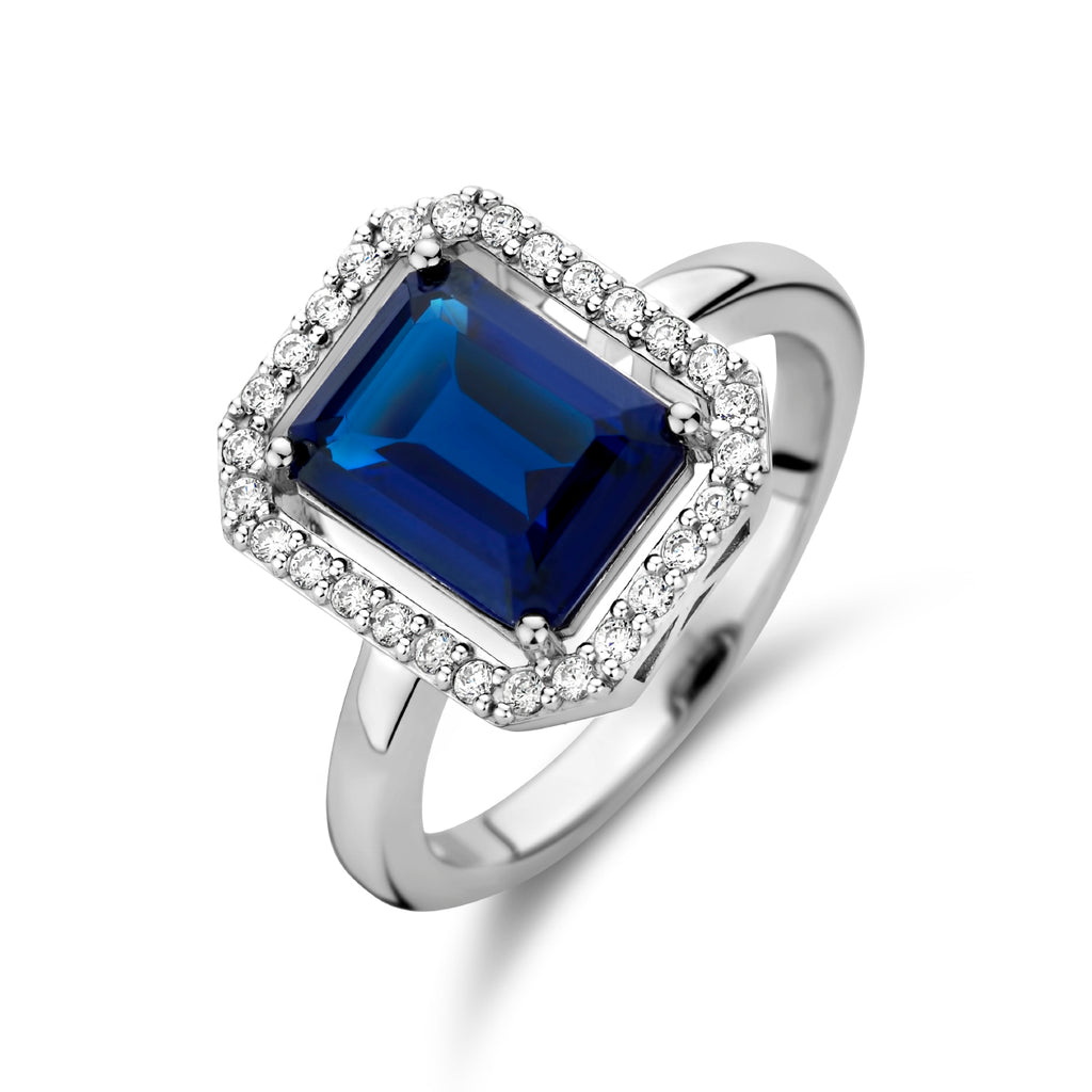 Ring synth. saffier en zirkonia halo zilver gerhodineerd