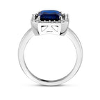 Ring synth. saffier en zirkonia halo zilver gerhodineerd