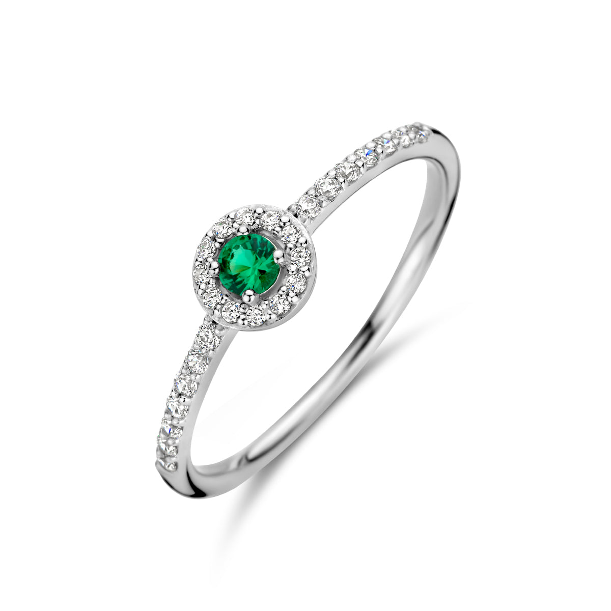 Ring zirkonia en synth. smaragd halo zilver gerhodineerd