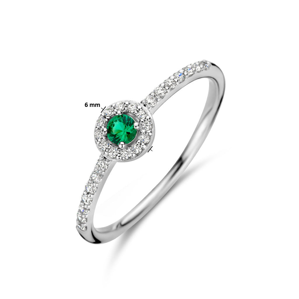 Ring zirkonia en synth. smaragd halo zilver gerhodineerd