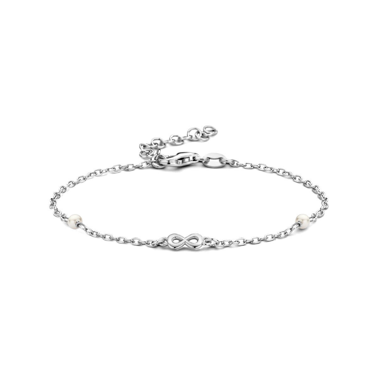Armband synth. parel en infinity 16 + 3 cm zilver gerhodineerd