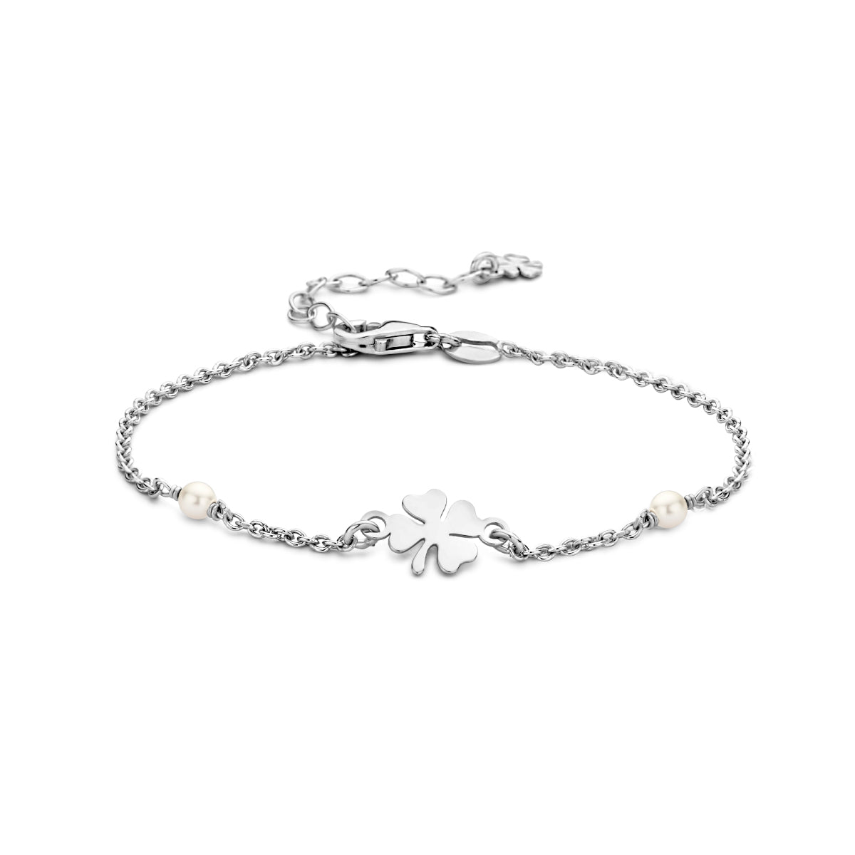 Armband synth. parel en klaver 16 + 3 cm zilver gerhodineerd