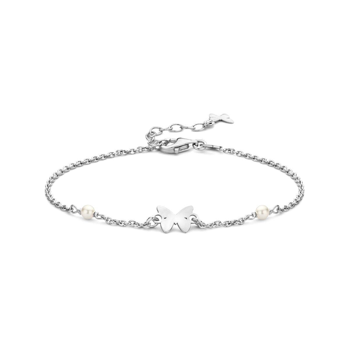 Armband synth. parel en vlinder 16 + 3 cm zilver gerhodineerd