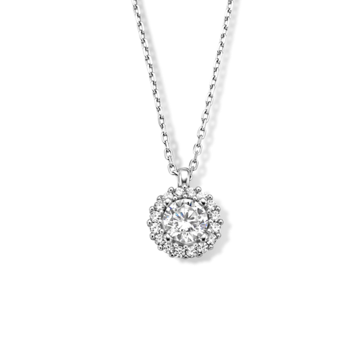 Collier zirkonia 41 + 4 cm halo zilver gerhodineerd