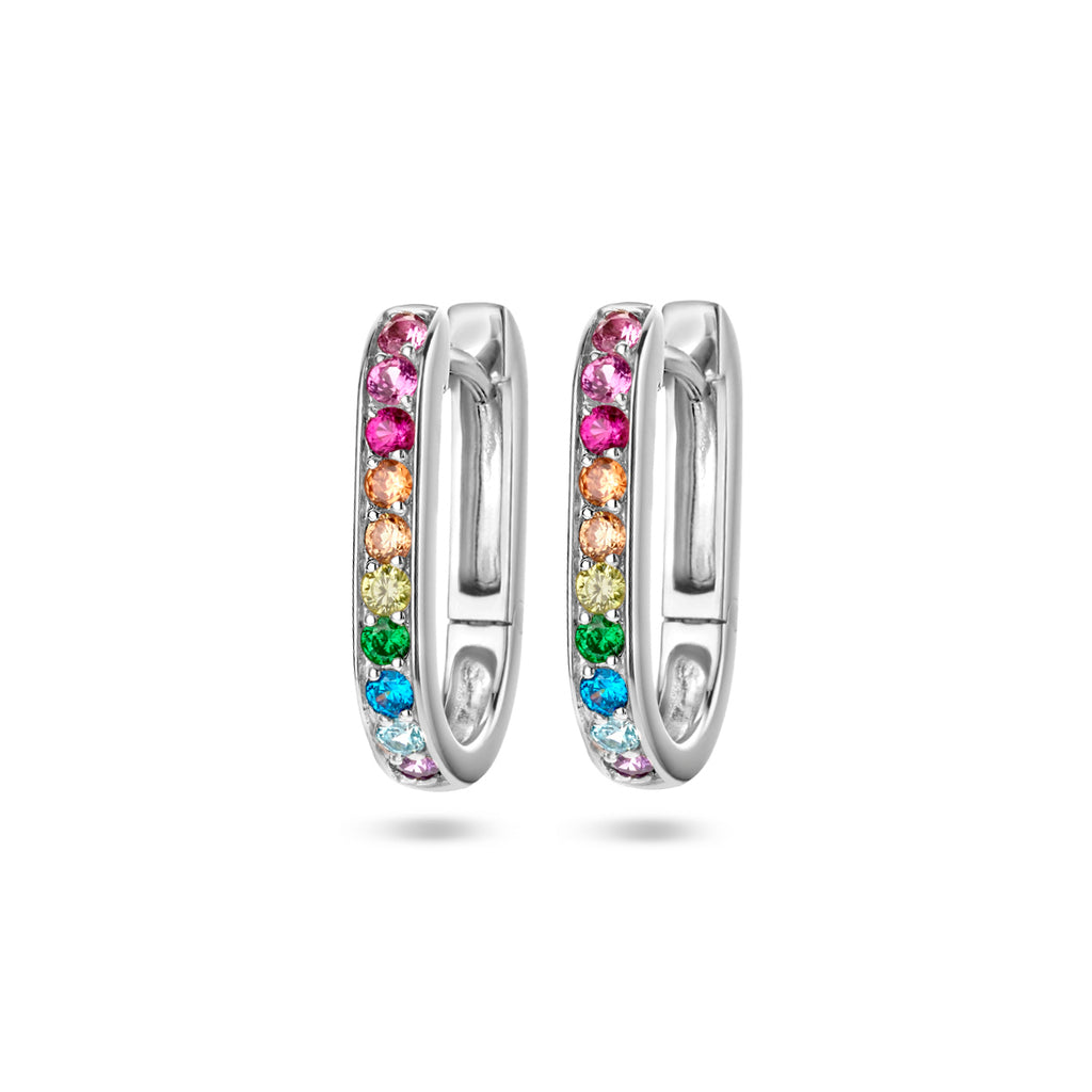 Klapoorringen paperclip regenboog zirkonia zilver gerhodineerd