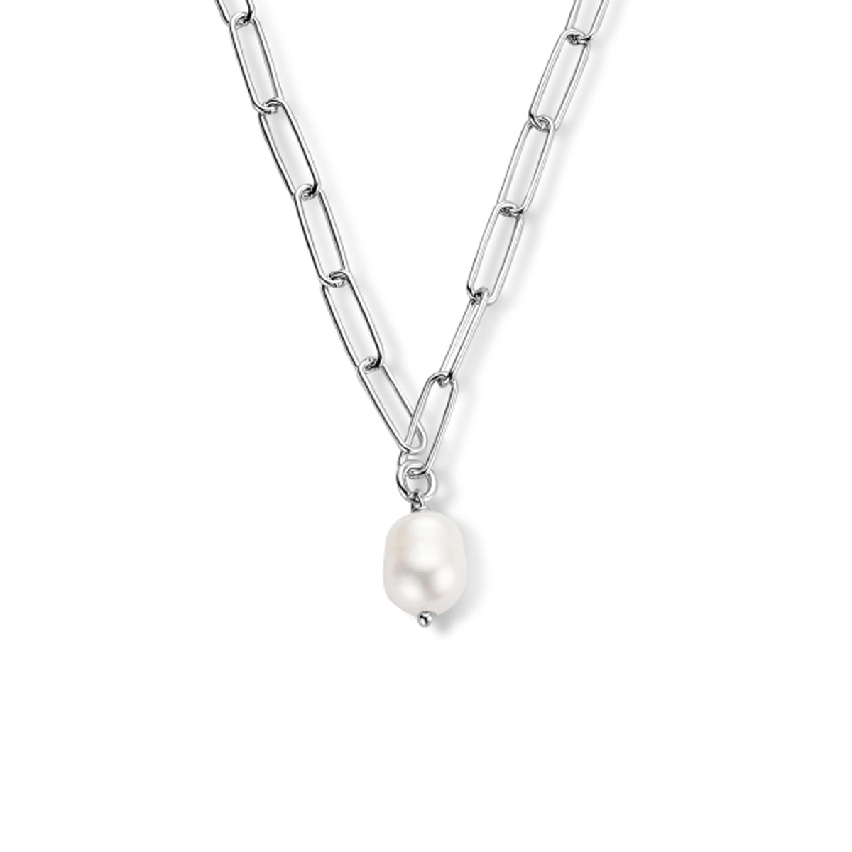 Collier paperclip ronde buis en parel 44cm zilver gerhodineerd