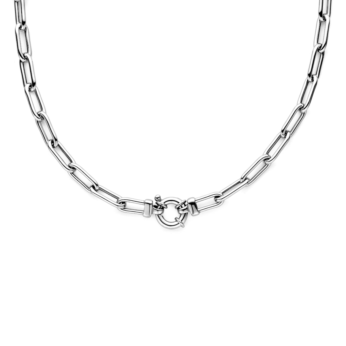 Collier paperclip ronde buis 7,5 mm 45 cm met groot springslot zilver gerhodineerd