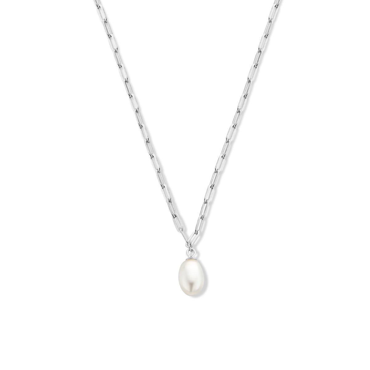 Collier paperclip en parel 41 + 4 cm zilver gerhodineerd