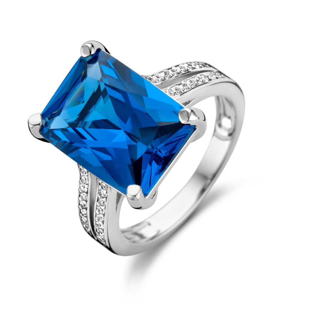 Ring blauw en wit zirkonia zilver gerhodineerd