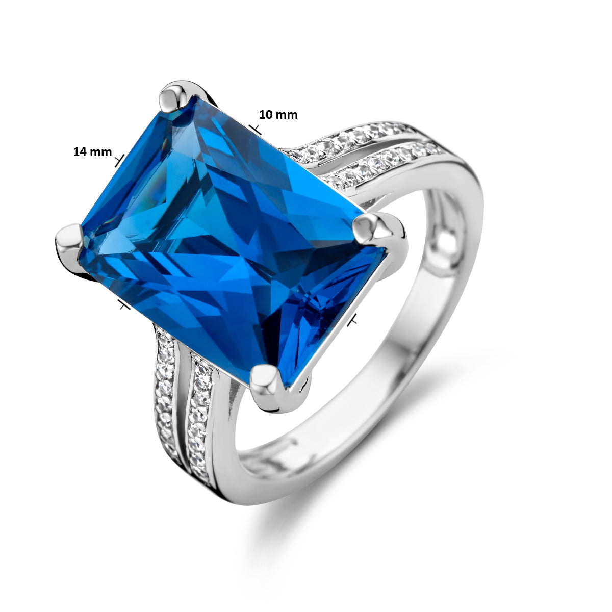 Ring blauw en wit zirkonia zilver gerhodineerd