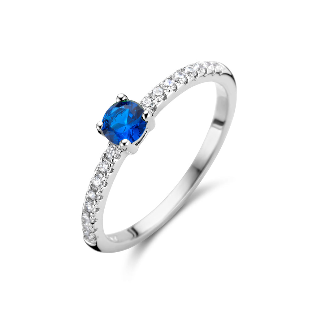 Ring blauw en wit zirkonia zilver gerhodineerd
