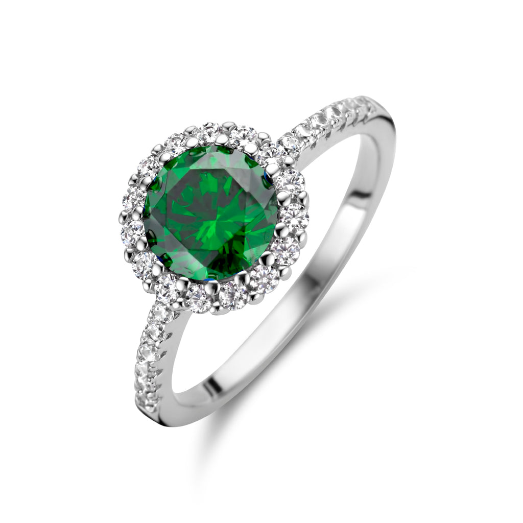Ring groen en wit zirkonia halo zilver gerhodineerd