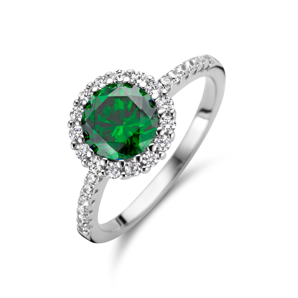 Ring groen en wit zirkonia halo zilver gerhodineerd